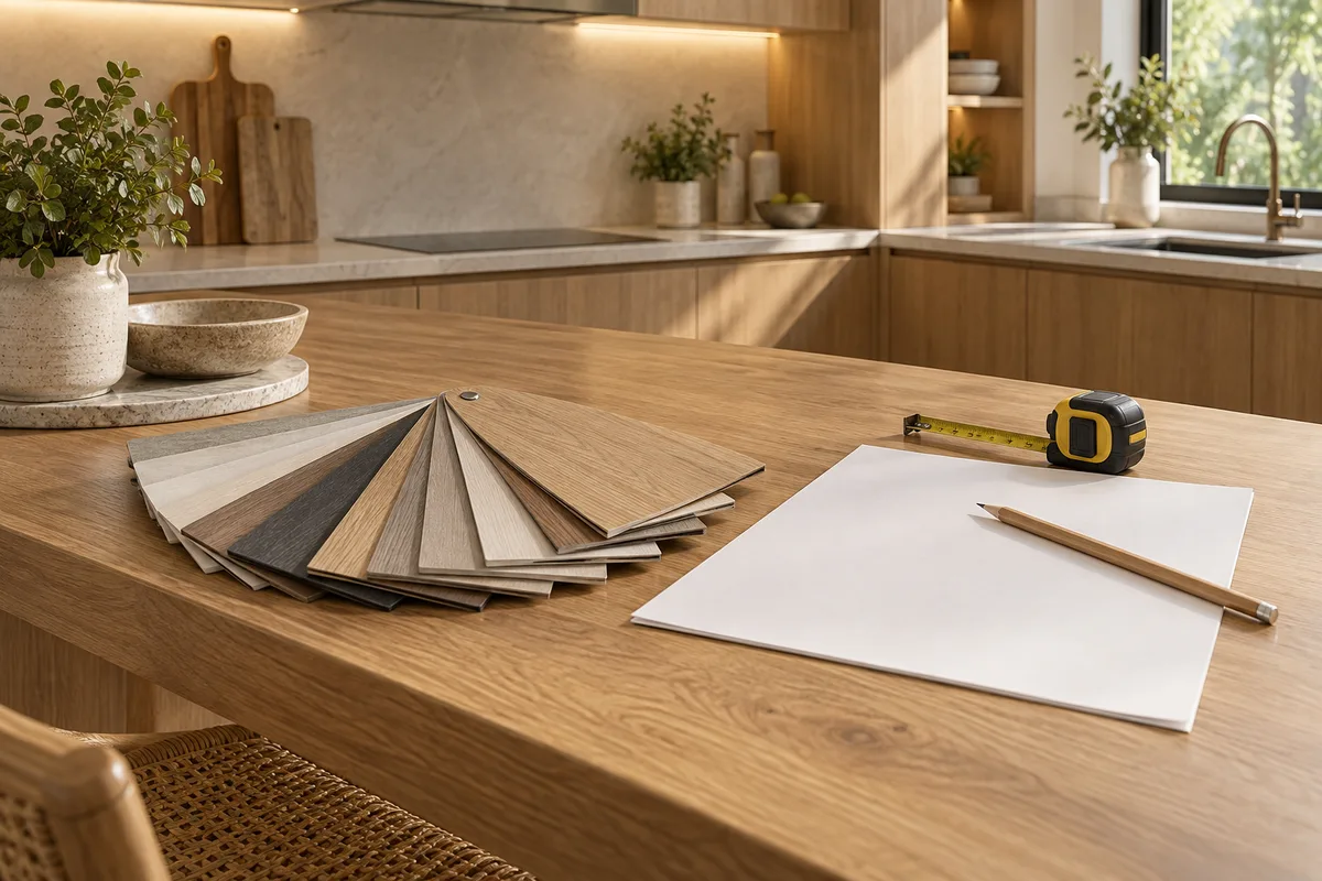 Kitchen wrap planning illustration with film samples and measuring tape